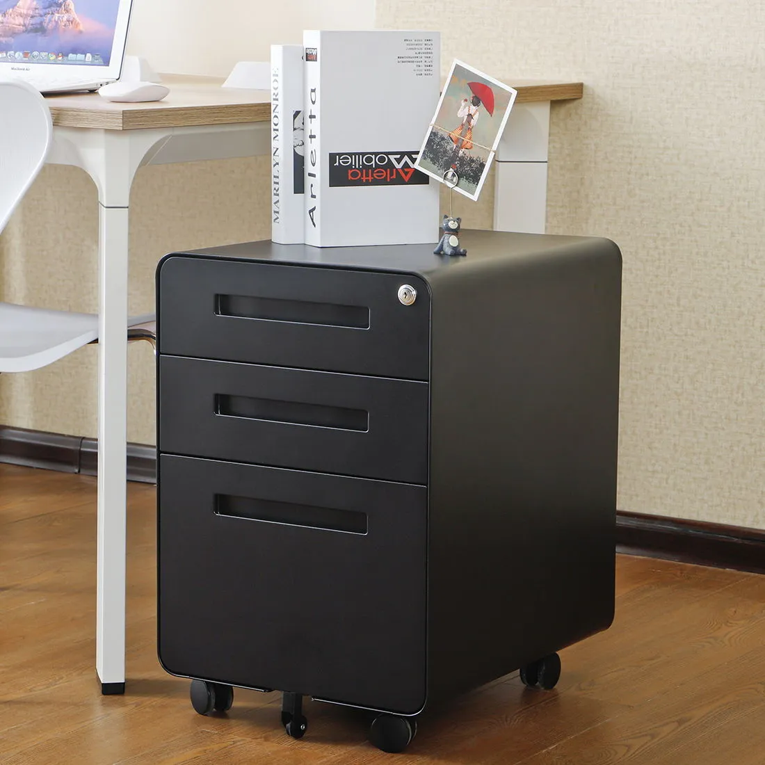 3 Drawer Mobile File Cabinet Under Desk Office, Simple Style Versatile Storage Cabinet For Legal / Letter / A4 Files, 5 Wheel Design Anti-Tilting Cold Rolled Steel Waterproof Moisture-Proof by Couch.com