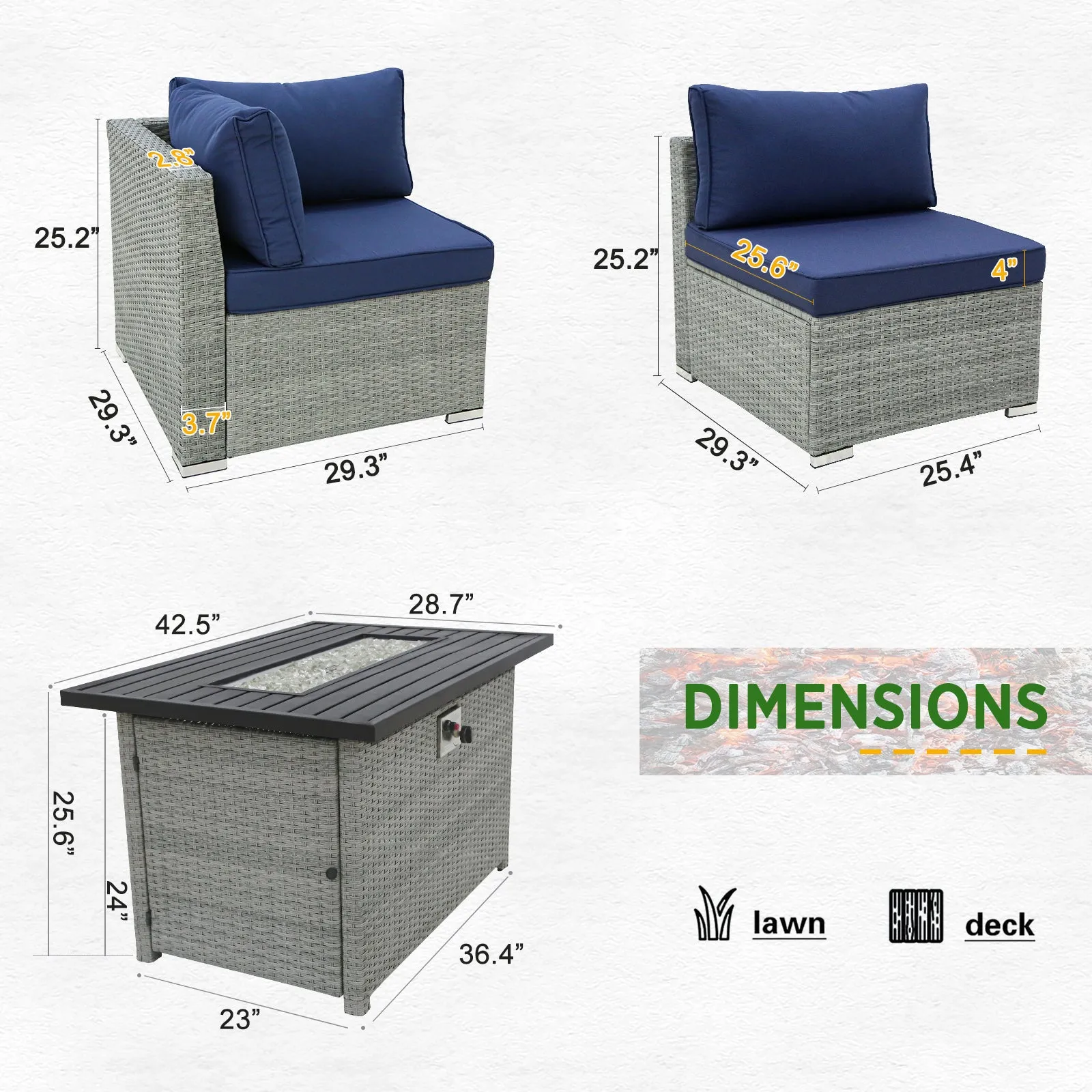7 Piece Outdoor Wicker Patio Furniture Set with Fire Table for 6 People