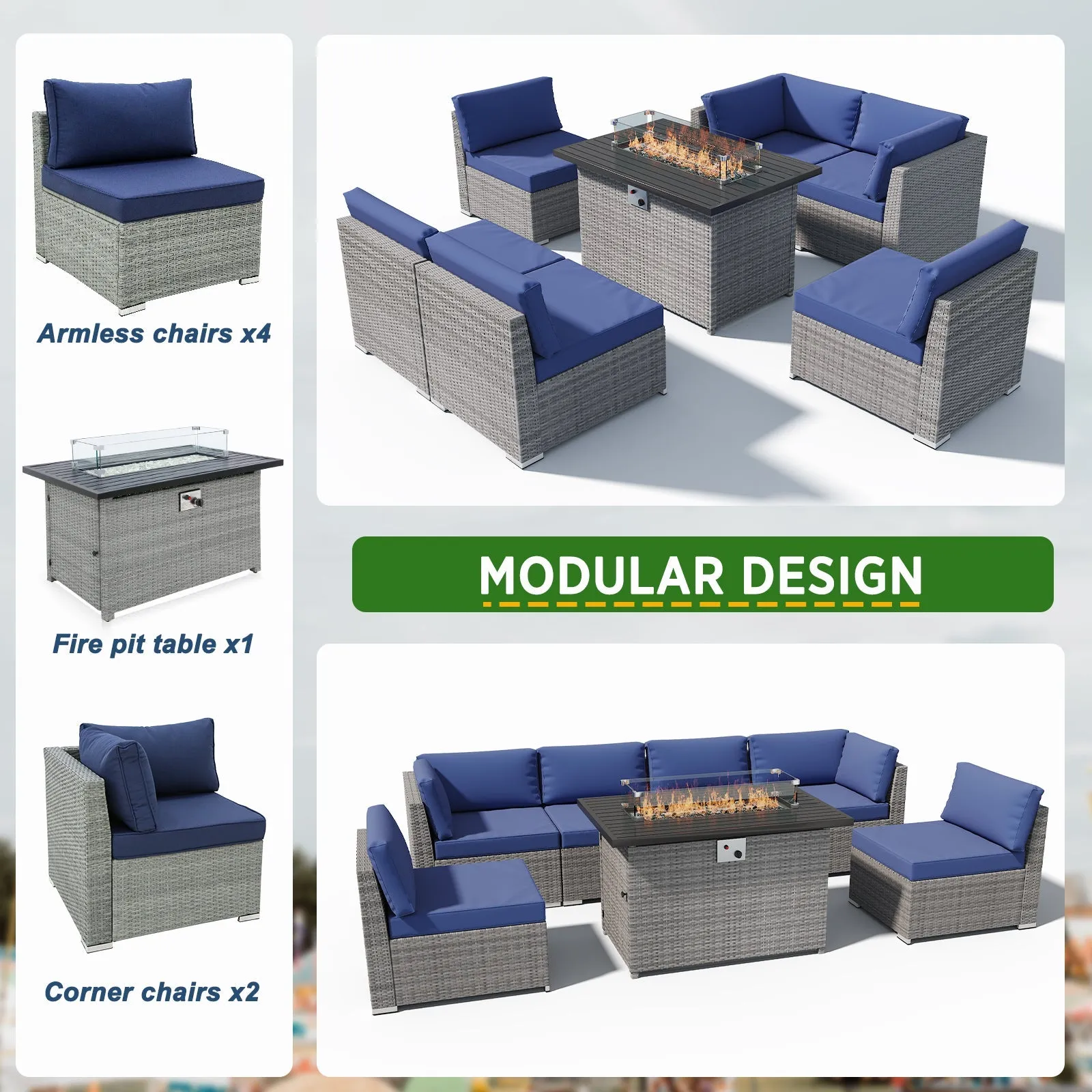 7 Piece Outdoor Wicker Patio Furniture Set with Fire Table for 6 People