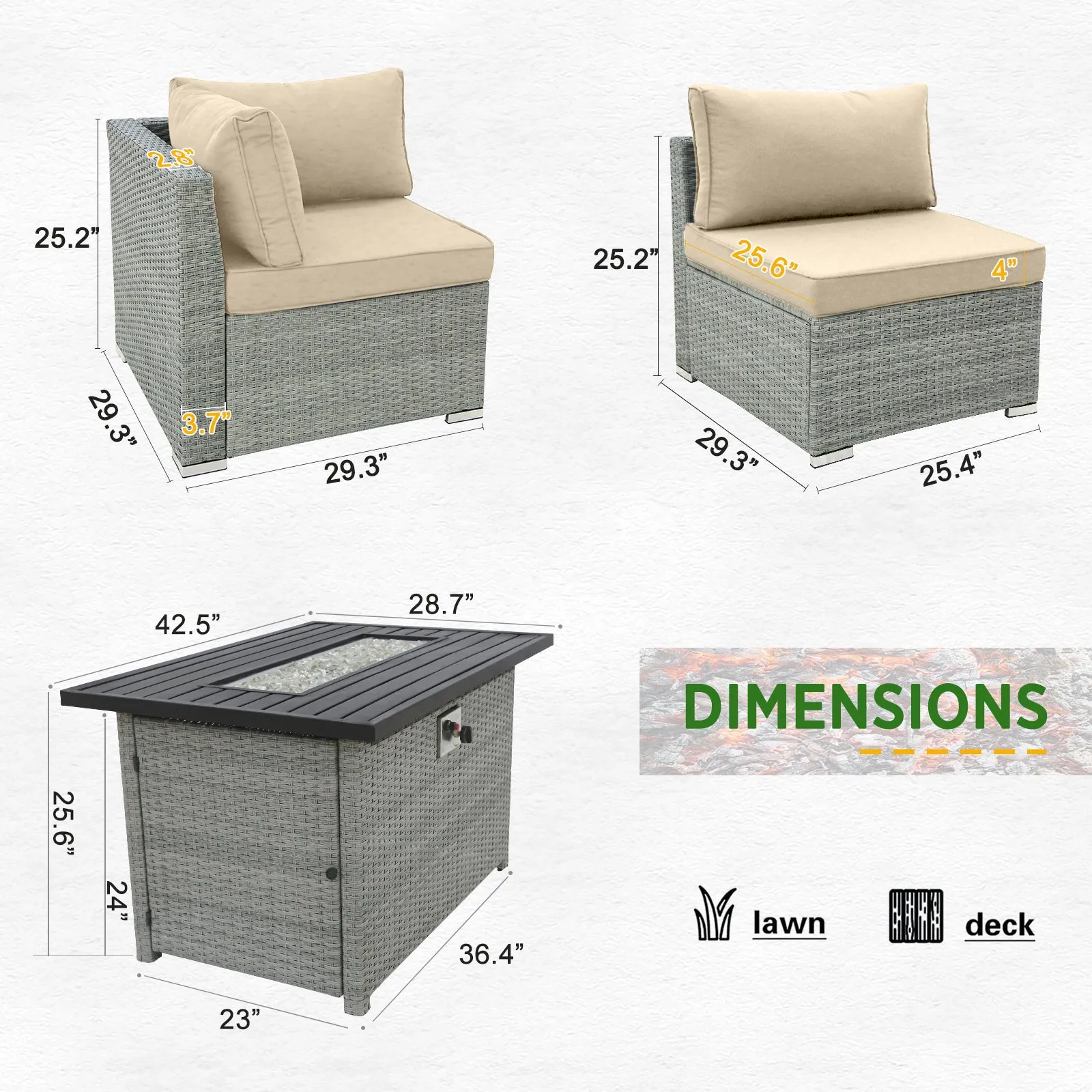 7 Piece Outdoor Wicker Patio Furniture Set with Fire Table for 6 People