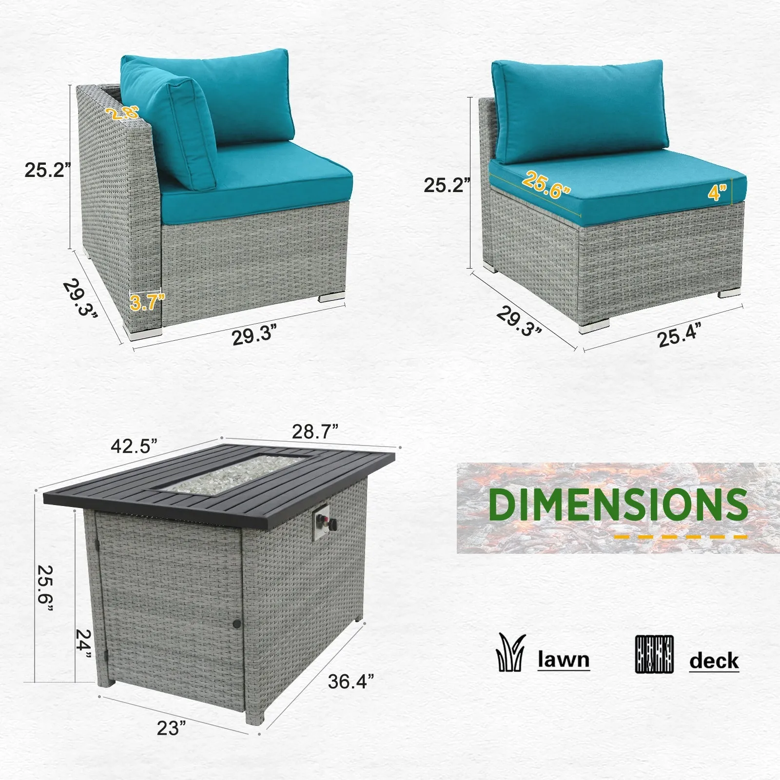 7 Piece Outdoor Wicker Patio Furniture Set with Fire Table for 6 People