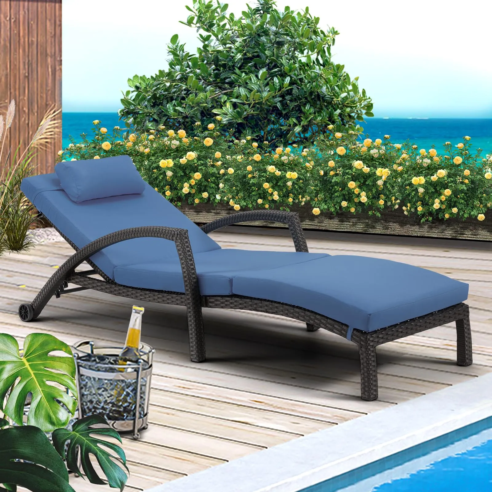 Chaise Lounge Chairs for Outside, PE Rattan Wicker Patio Pool Lounge Chair with Arm, Cushion for Poolside Beach (4 Pcs Dark Blue)