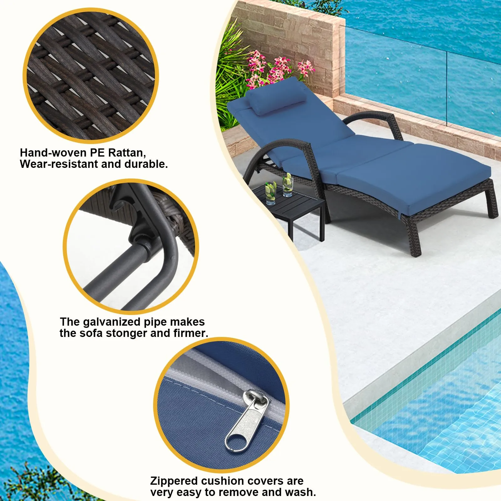 Chaise Lounge Chairs for Outside, PE Rattan Wicker Patio Pool Lounge Chair with Arm, Cushion for Poolside Beach (4 Pcs Dark Blue)