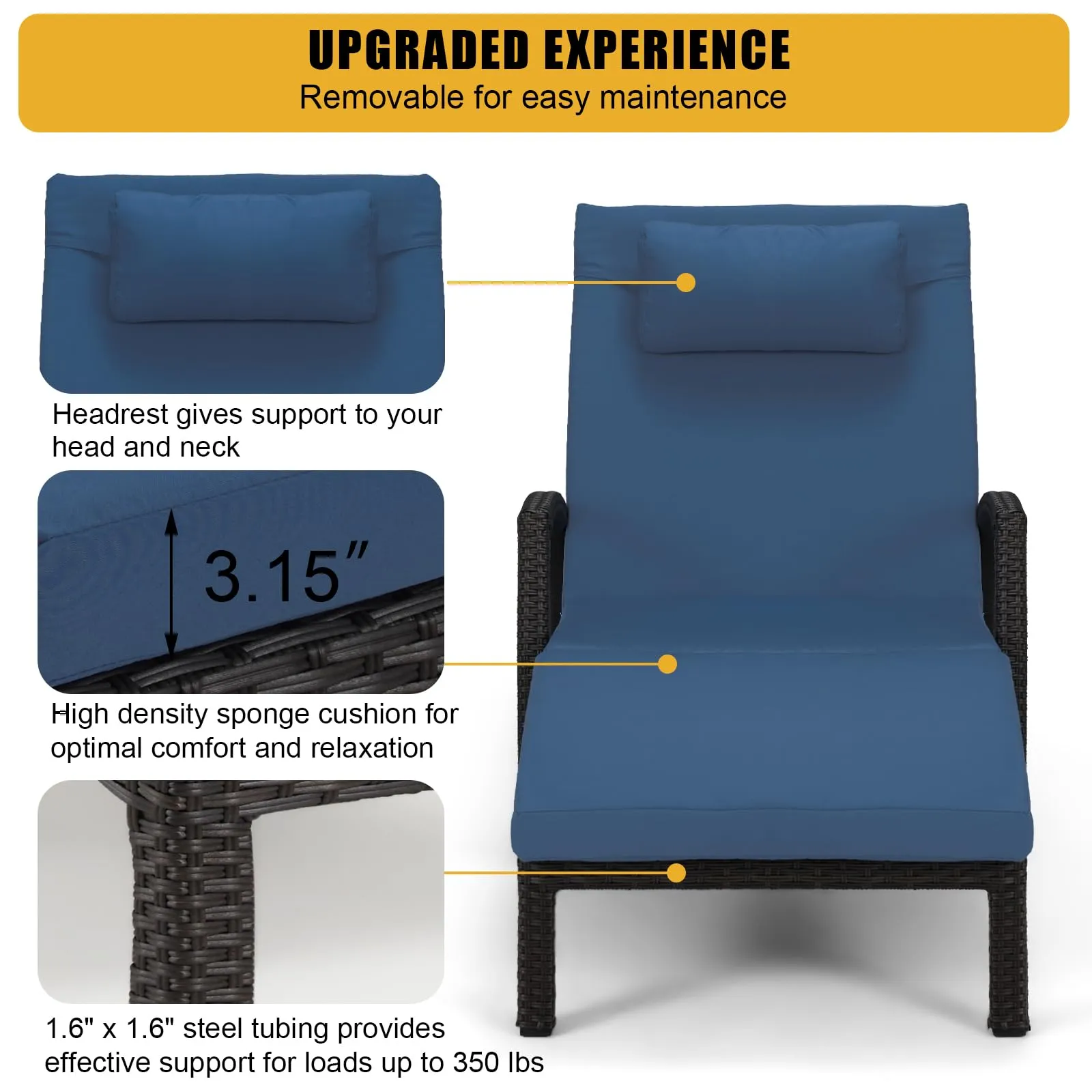 Chaise Lounge Chairs for Outside, PE Rattan Wicker Patio Pool Lounge Chair with Arm, Cushion for Poolside Beach (4 Pcs Dark Blue)