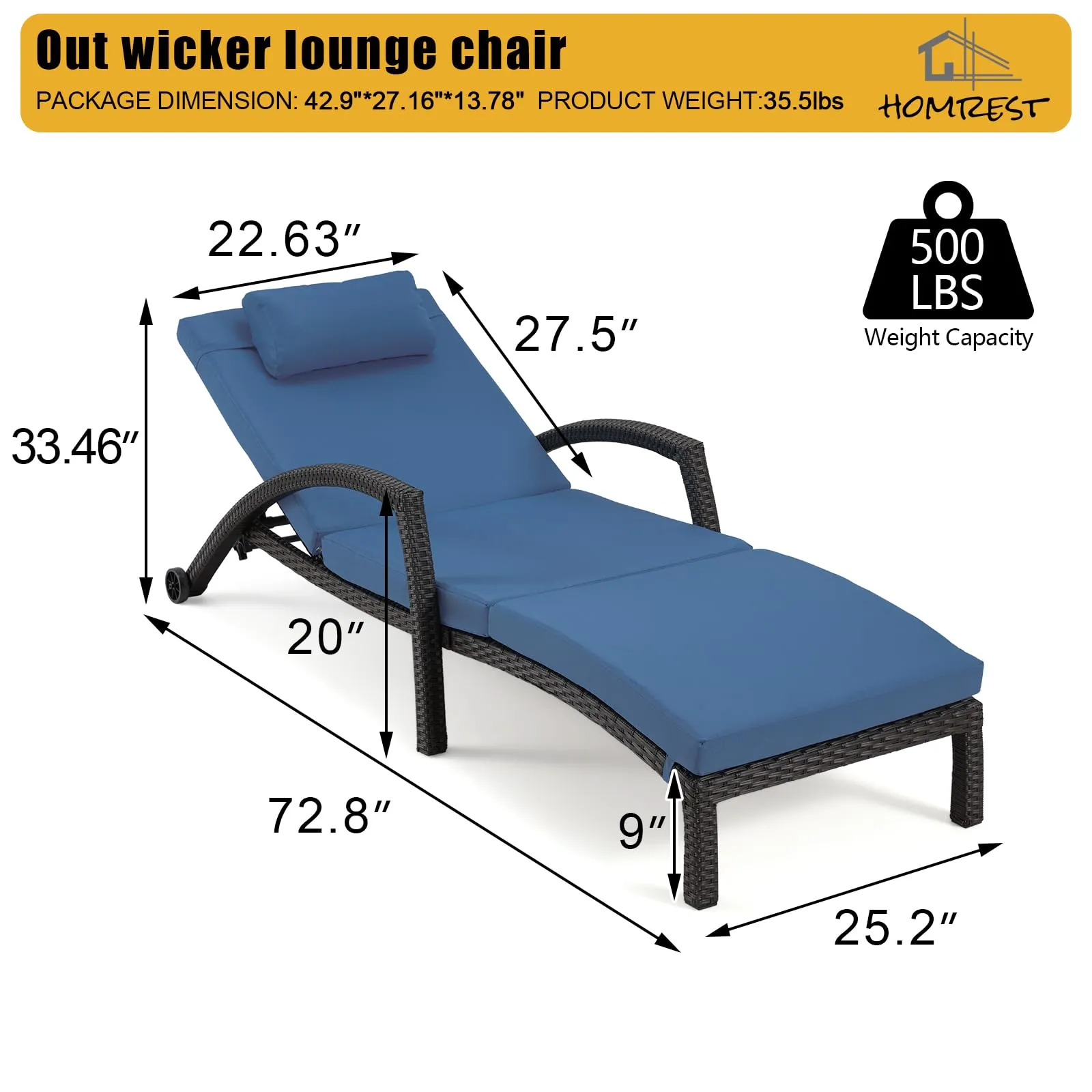 Chaise Lounge Chairs for Outside, PE Rattan Wicker Patio Pool Lounge Chair with Arm, Cushion for Poolside Beach (4 Pcs Dark Blue)