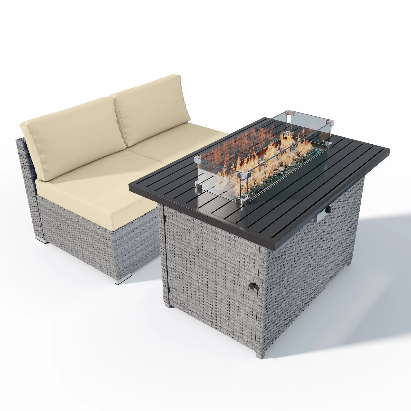EAGLE PEAK 3 Piece Outdoor Armless Wicker Sofa Set, Outdoor Patio Armless Chairs with Removable Cushions and Fire Table, Sectional Wicker Loveseat Sofa