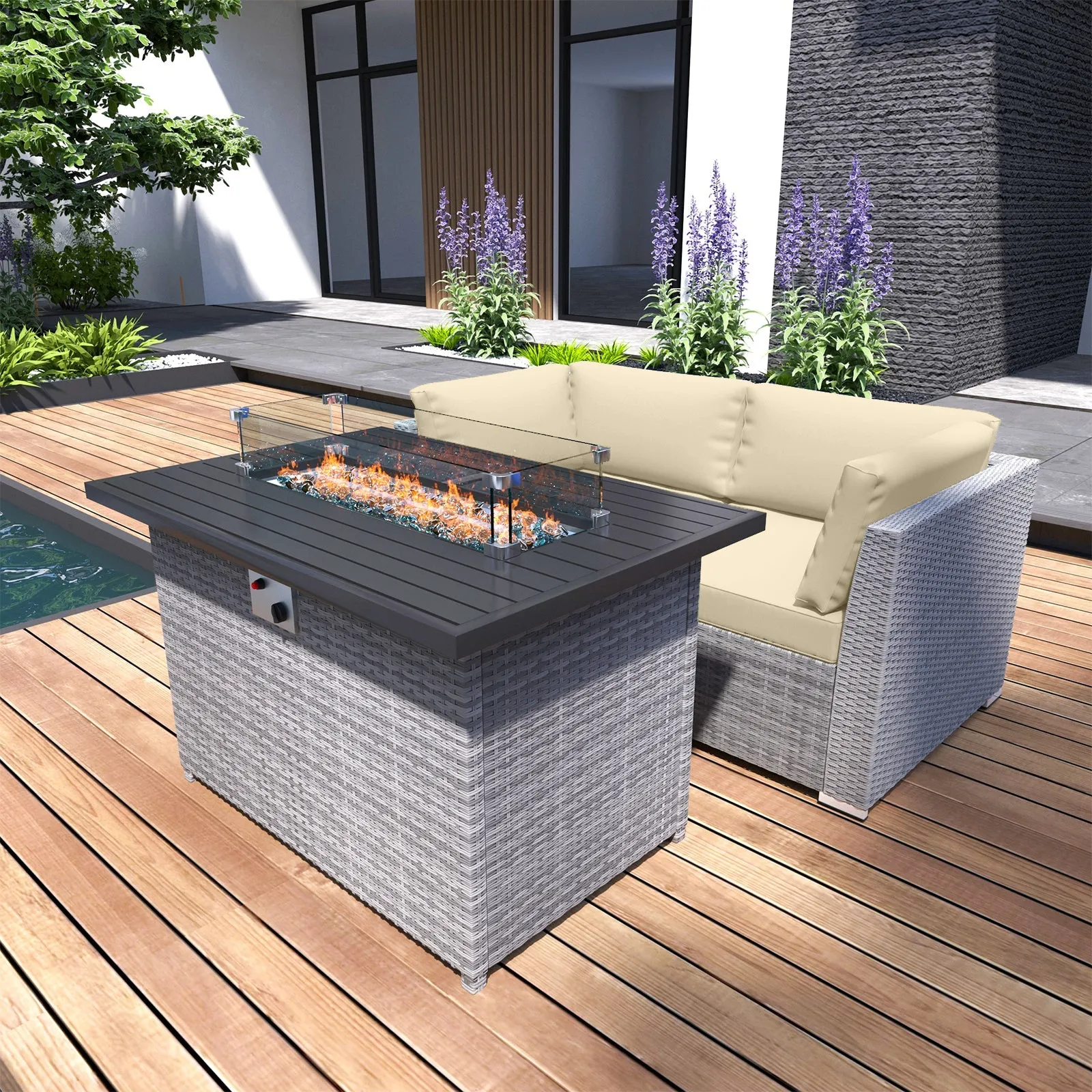 EAGLE PEAK 3 Piece Outdoor Wicker Loveseat, Outdoor Patio Sofa Corner Chairs with Removable Cushions and Fire Table, Sectional Wicker Sofa