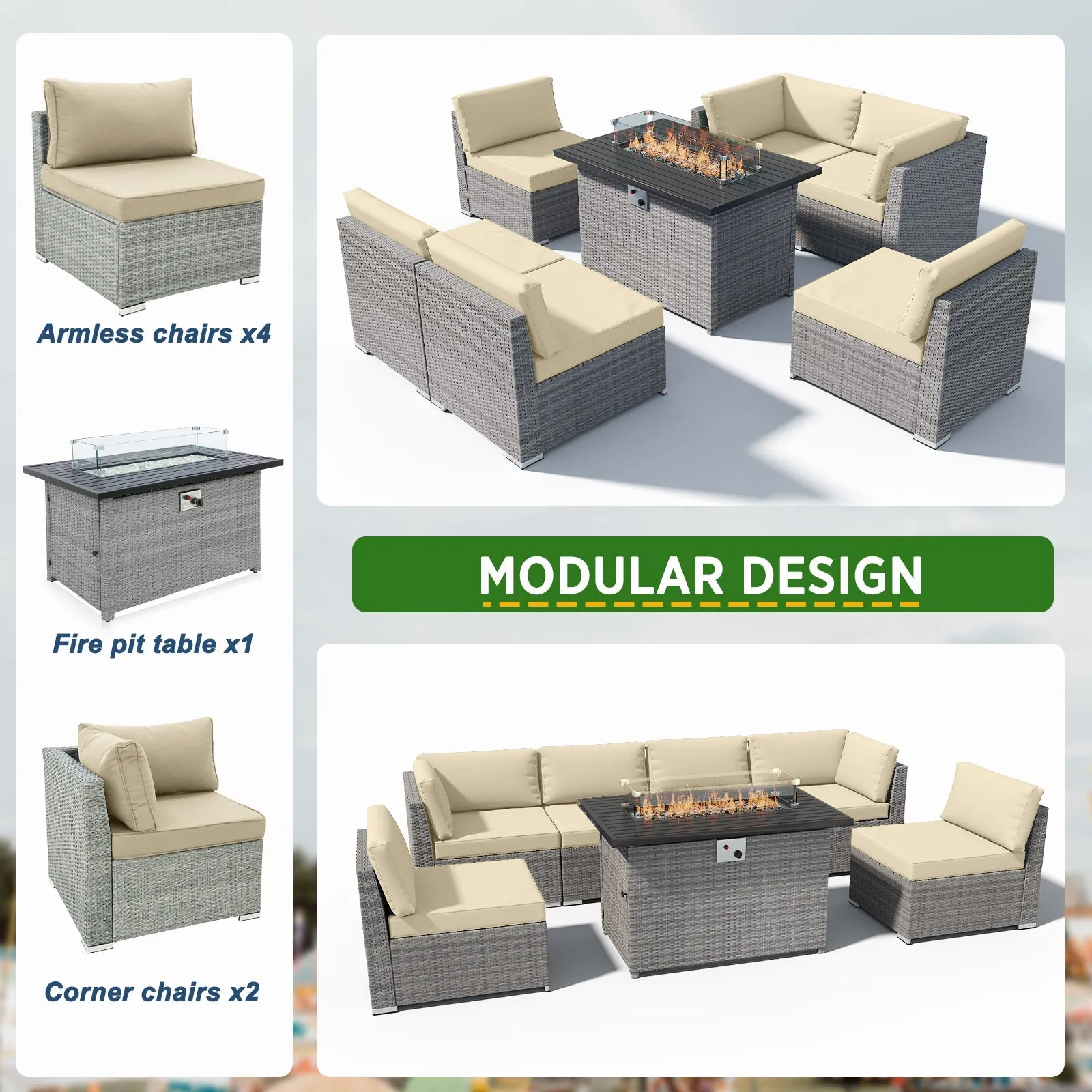 EAGLE PEAK 7 Piece Outdoor Wicker Patio Furniture Set with Fire Table, Outdoor PE Rattan Sectional Conversation Set with Seating for 6 People