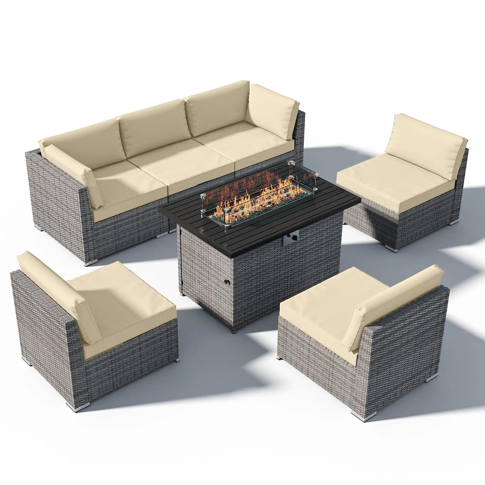 EAGLE PEAK 7 Piece Outdoor Wicker Patio Furniture Set with Fire Table, Outdoor PE Rattan Sectional Conversation Set with Seating for 6 People
