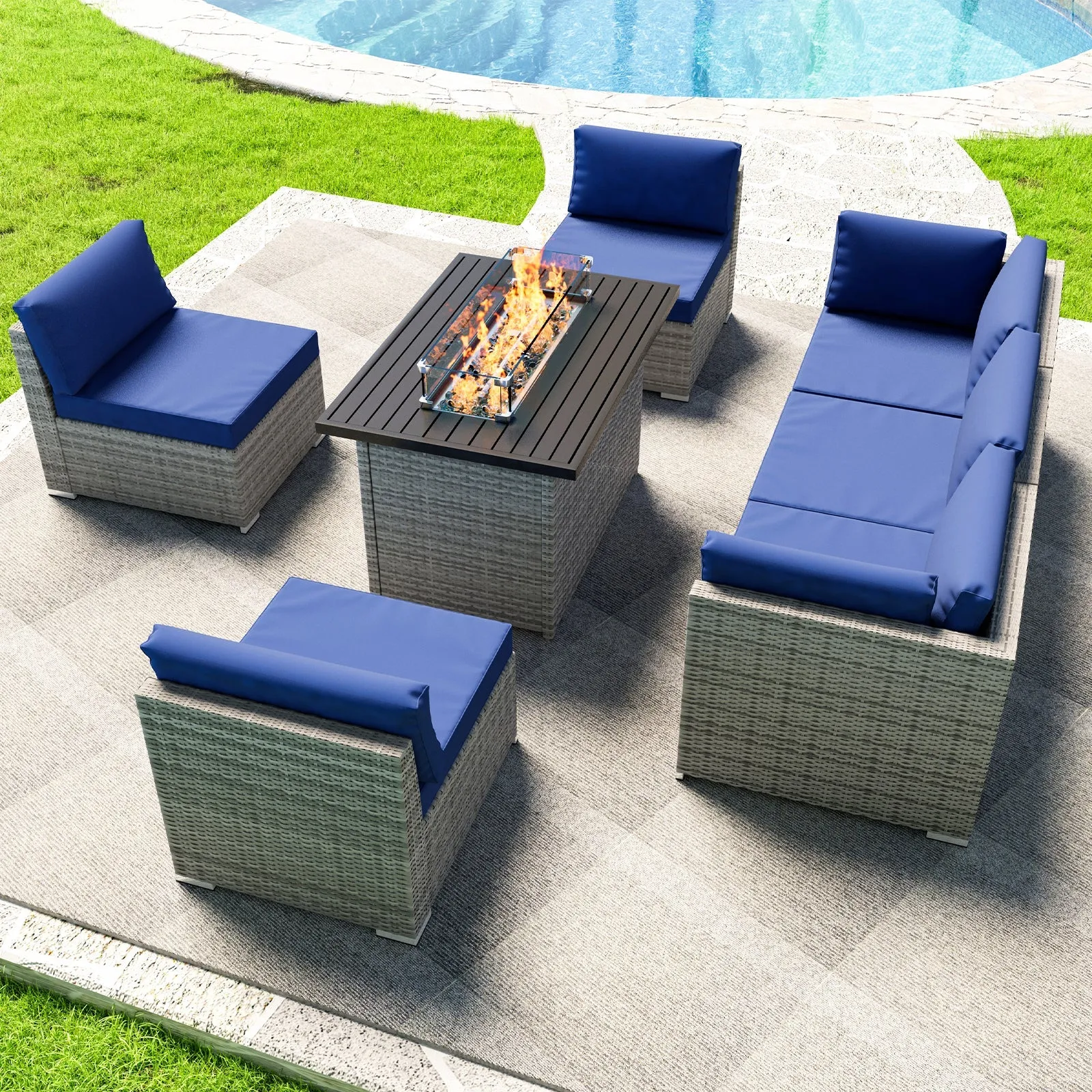 EAGLE PEAK 7 Piece Outdoor Wicker Patio Furniture Set with Fire Table, Outdoor PE Rattan Sectional Conversation Set with Seating for 6 People