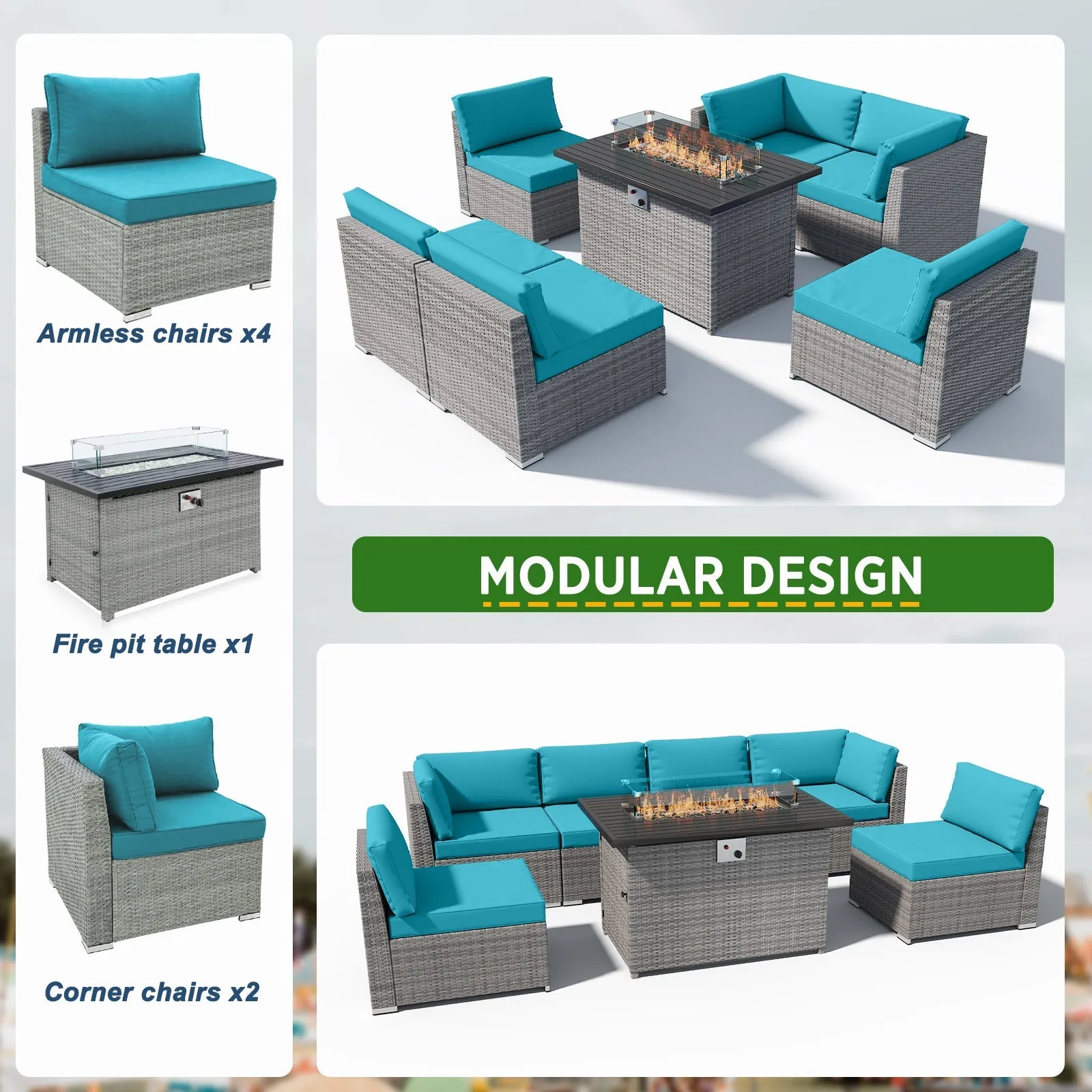 EAGLE PEAK 7 Piece Outdoor Wicker Patio Furniture Set with Fire Table, Outdoor PE Rattan Sectional Conversation Set with Seating for 6 People