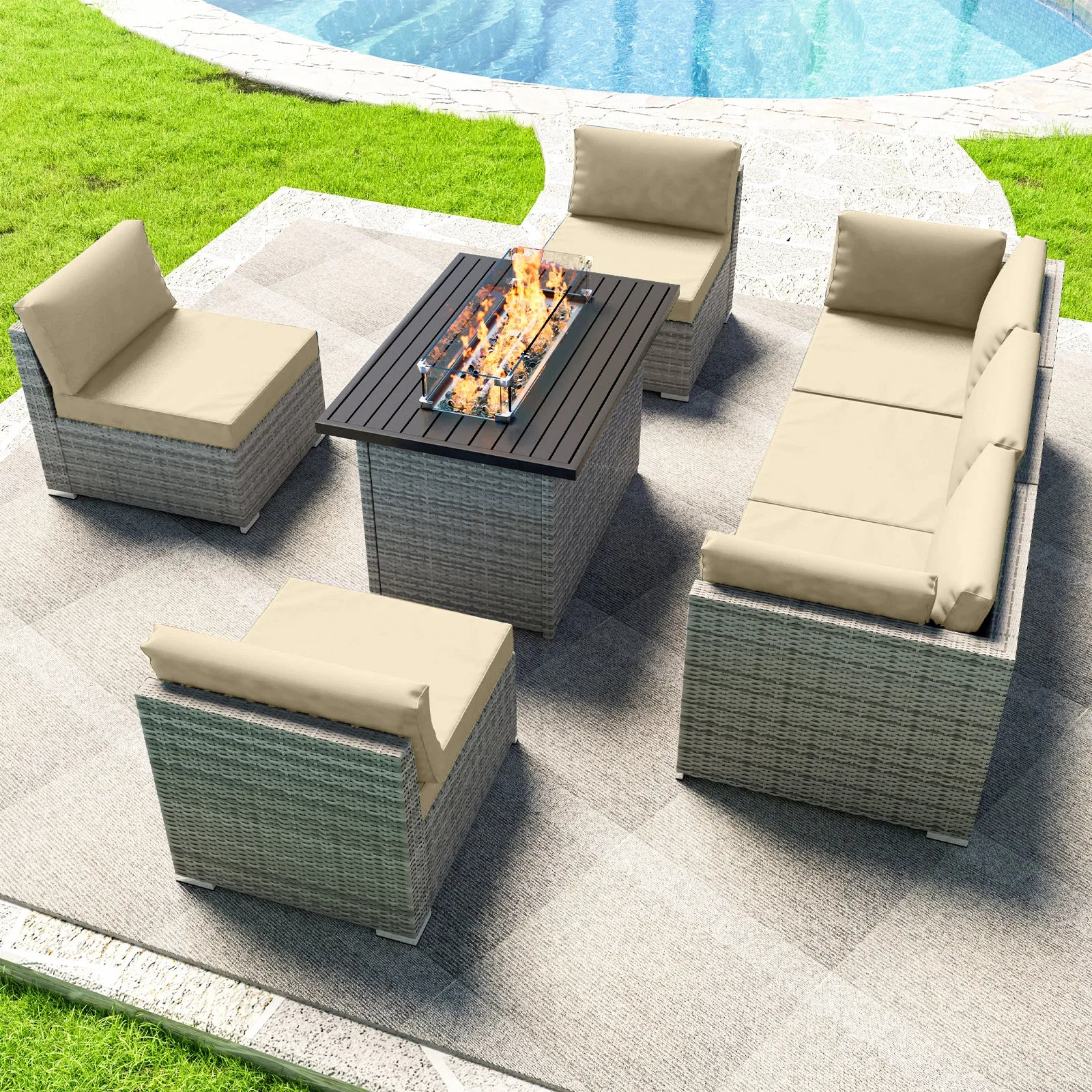 EAGLE PEAK 7 Piece Outdoor Wicker Patio Furniture Set with Fire Table, Outdoor PE Rattan Sectional Conversation Set with Seating for 6 People