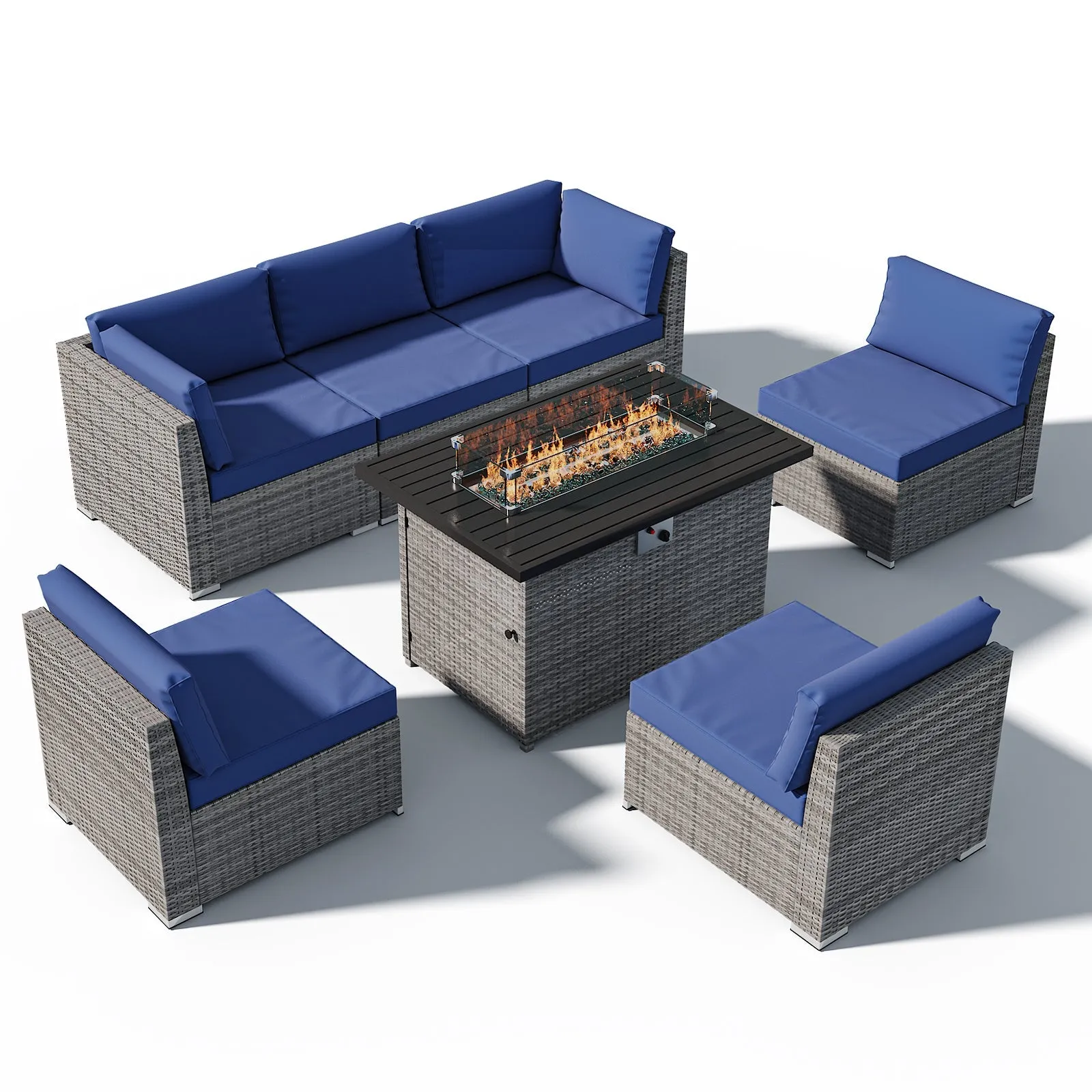 EAGLE PEAK 7 Piece Outdoor Wicker Patio Furniture Set with Fire Table, Outdoor PE Rattan Sectional Conversation Set with Seating for 6 People