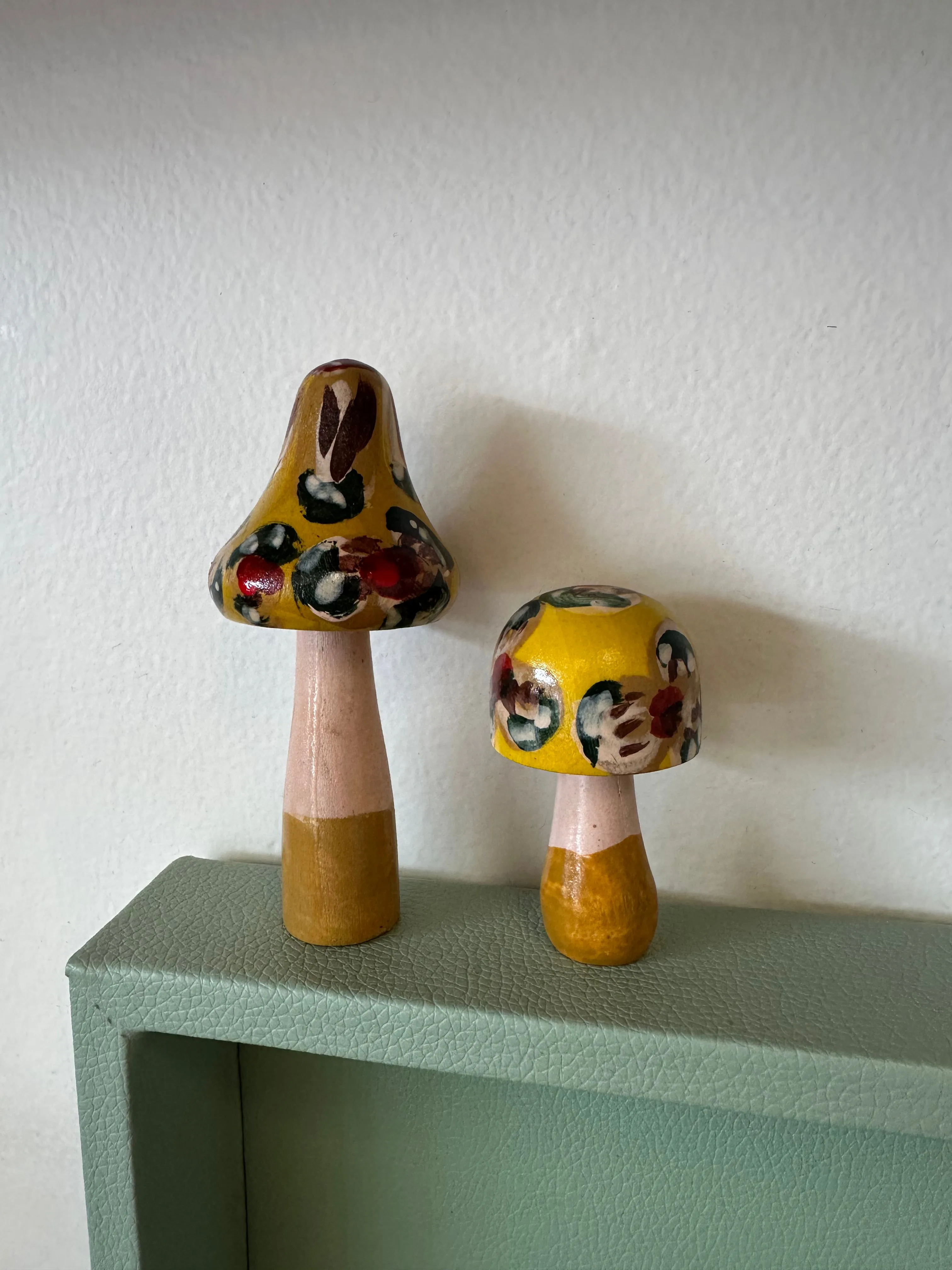 Folk Art Hand Painted Wooden Mushrooms Set of 2 (Yellow)