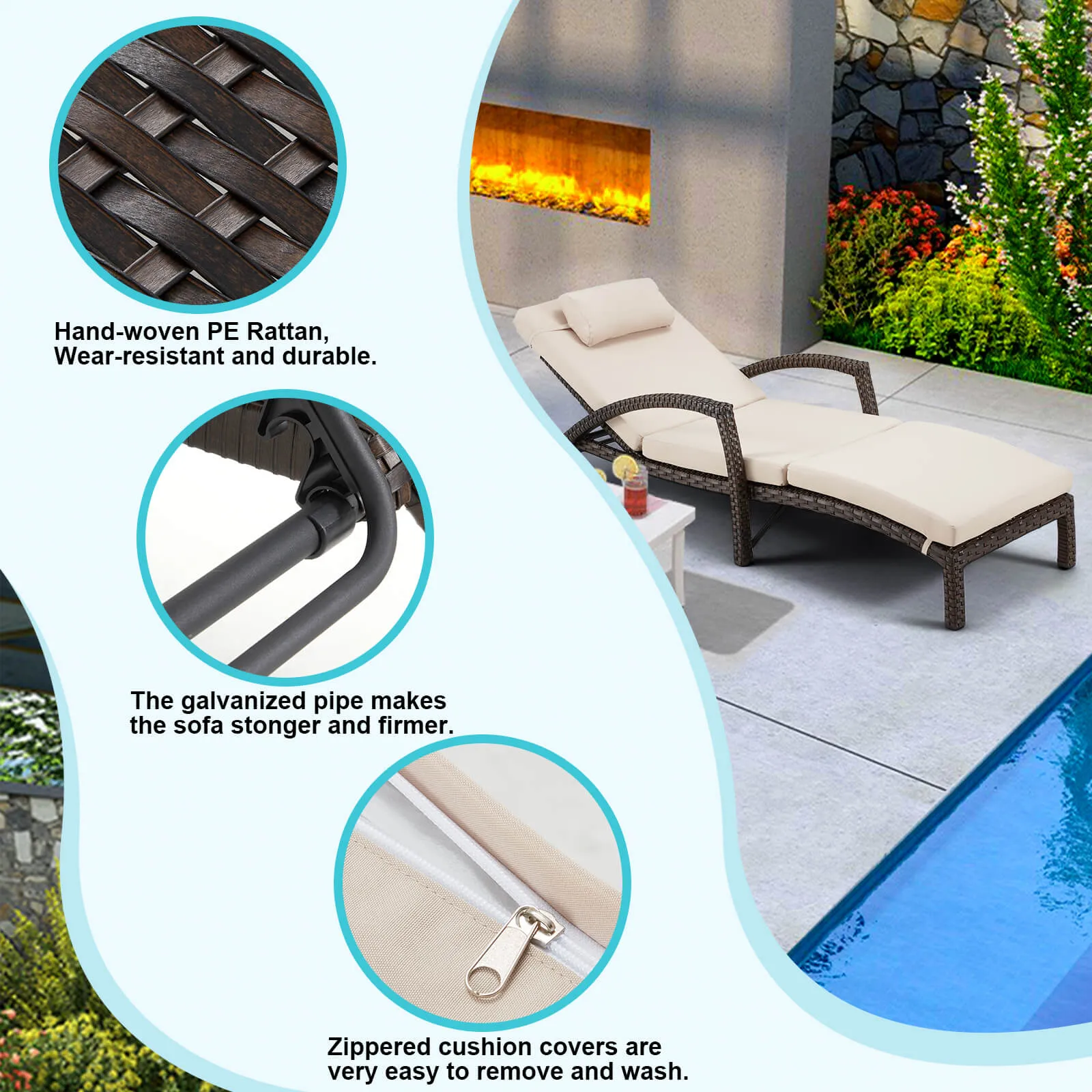 HOMREST Pool Lounge Chairs for Outside, Wicker Pool Chaise Lounge Chairs with Wheels & Headpillow for Deck Poolside