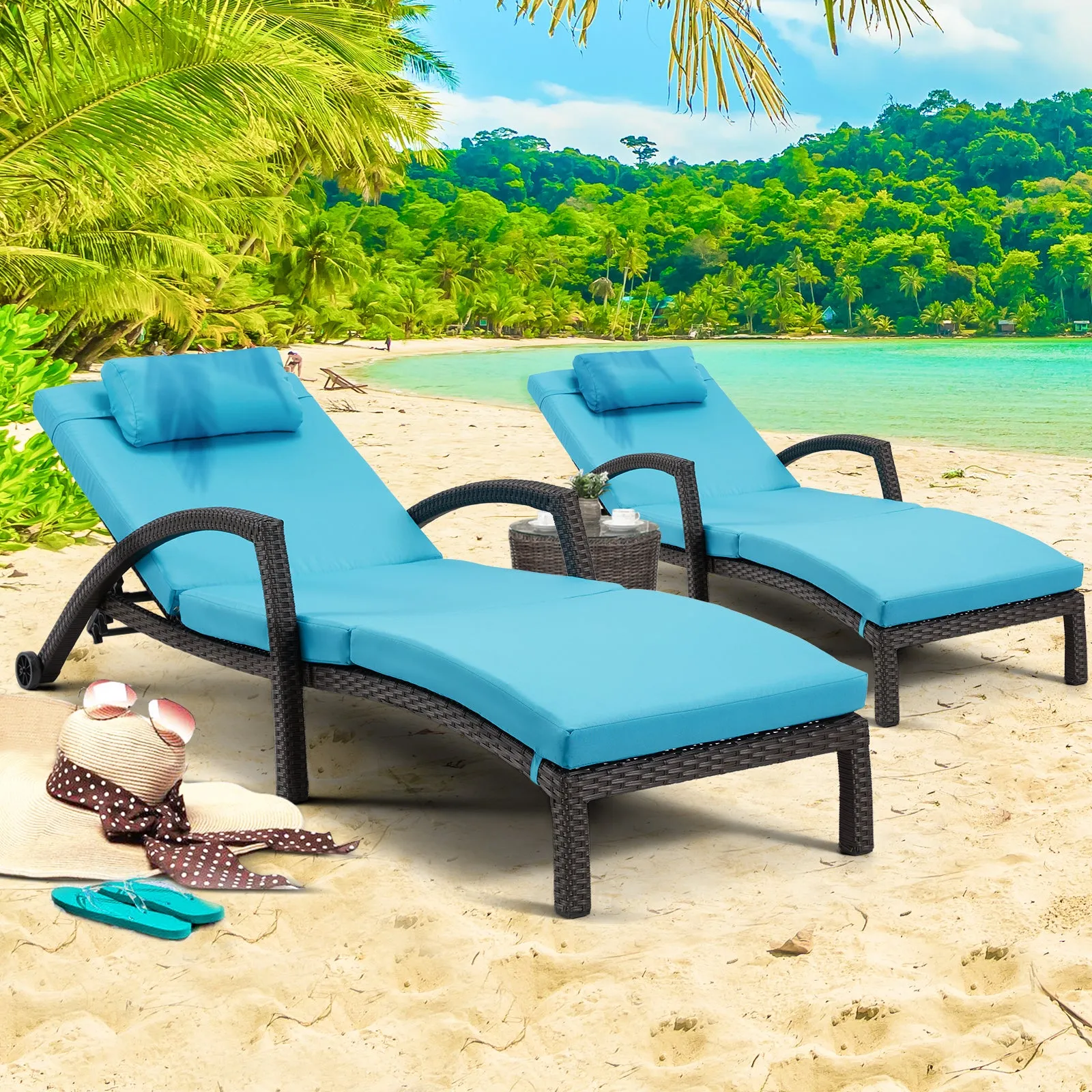 HOMREST Pool Lounge Chairs for Outside, Wicker Pool Chaise Lounge Chairs with Wheels & Headpillow for Deck Poolside