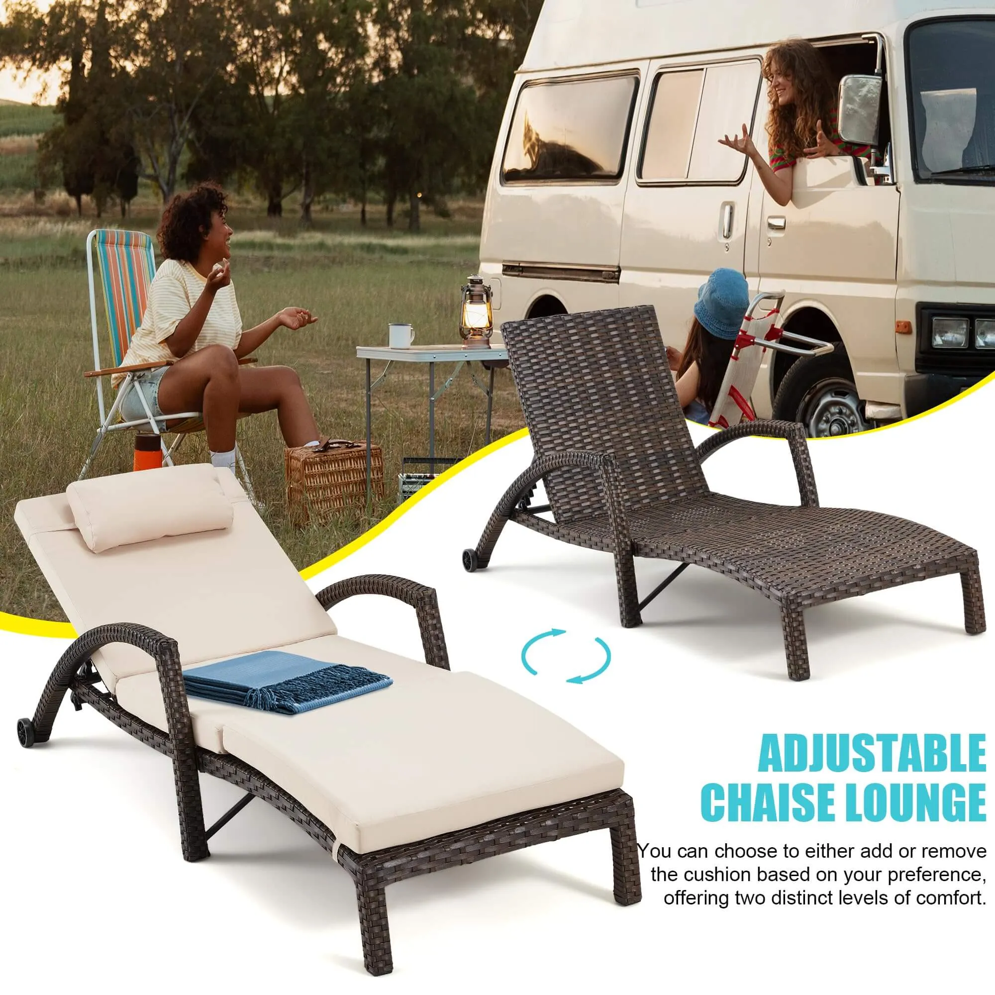 HOMREST Pool Lounge Chairs for Outside, Wicker Pool Chaise Lounge Chairs with Wheels & Headpillow for Deck Poolside