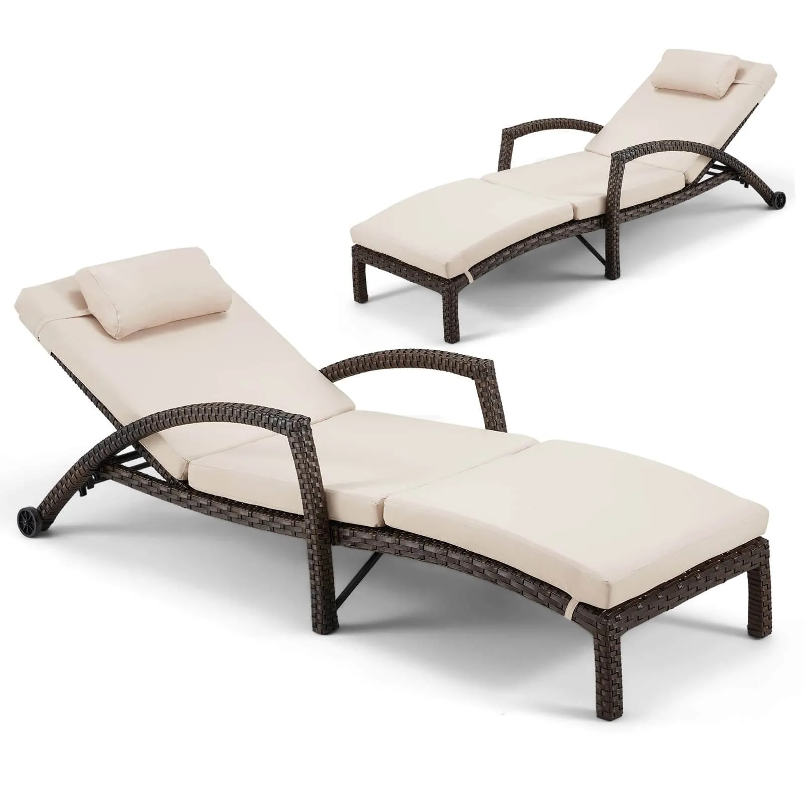 HOMREST Pool Lounge Chairs for Outside, Wicker Pool Chaise Lounge Chairs with Wheels & Headpillow for Deck Poolside