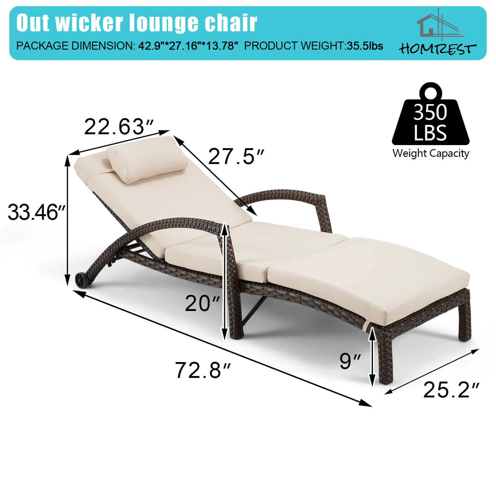 HOMREST Pool Lounge Chairs for Outside, Wicker Pool Chaise Lounge Chairs with Wheels & Headpillow for Deck Poolside