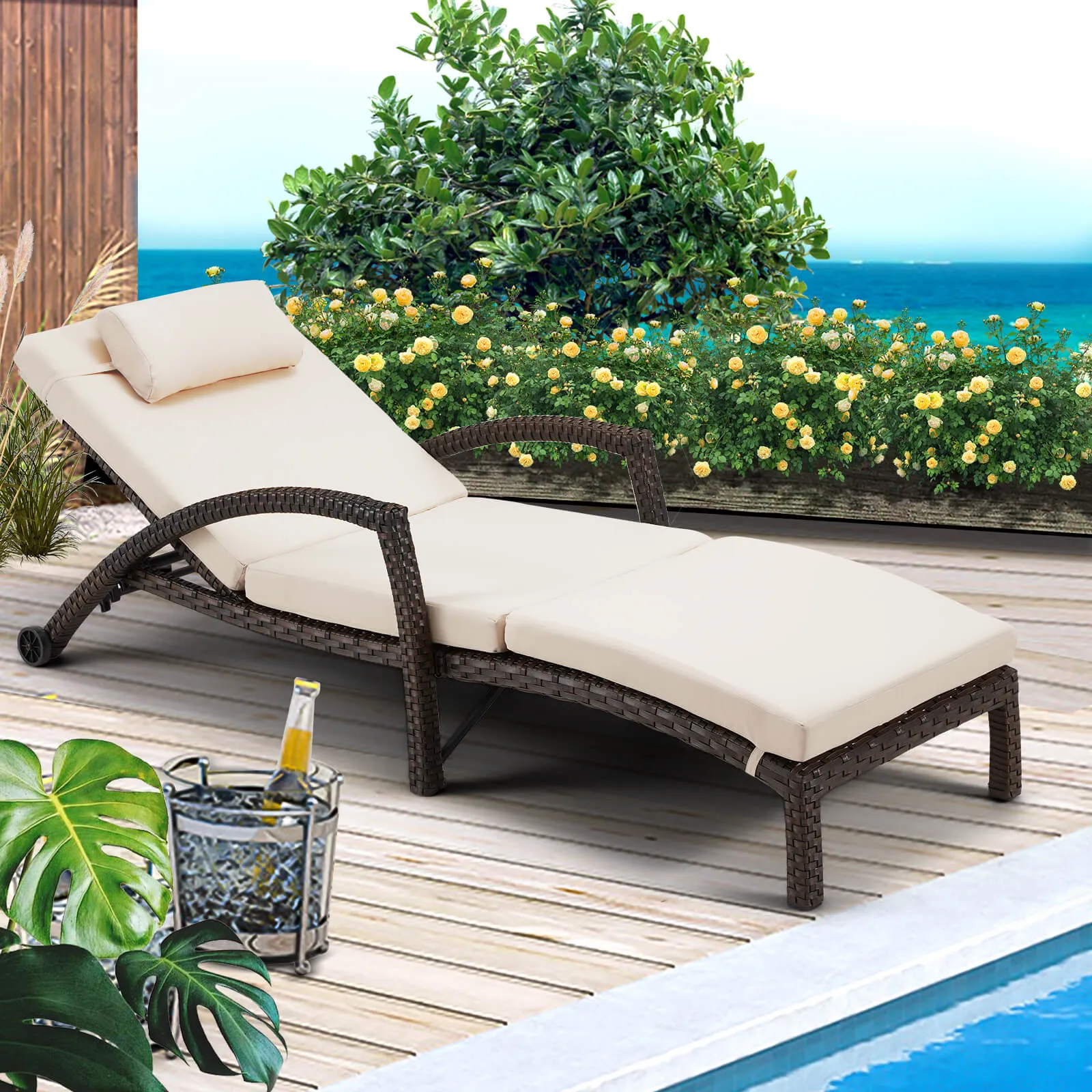 HOMREST Pool Lounge Chairs for Outside, Wicker Pool Chaise Lounge Chairs with Wheels & Headpillow for Deck Poolside