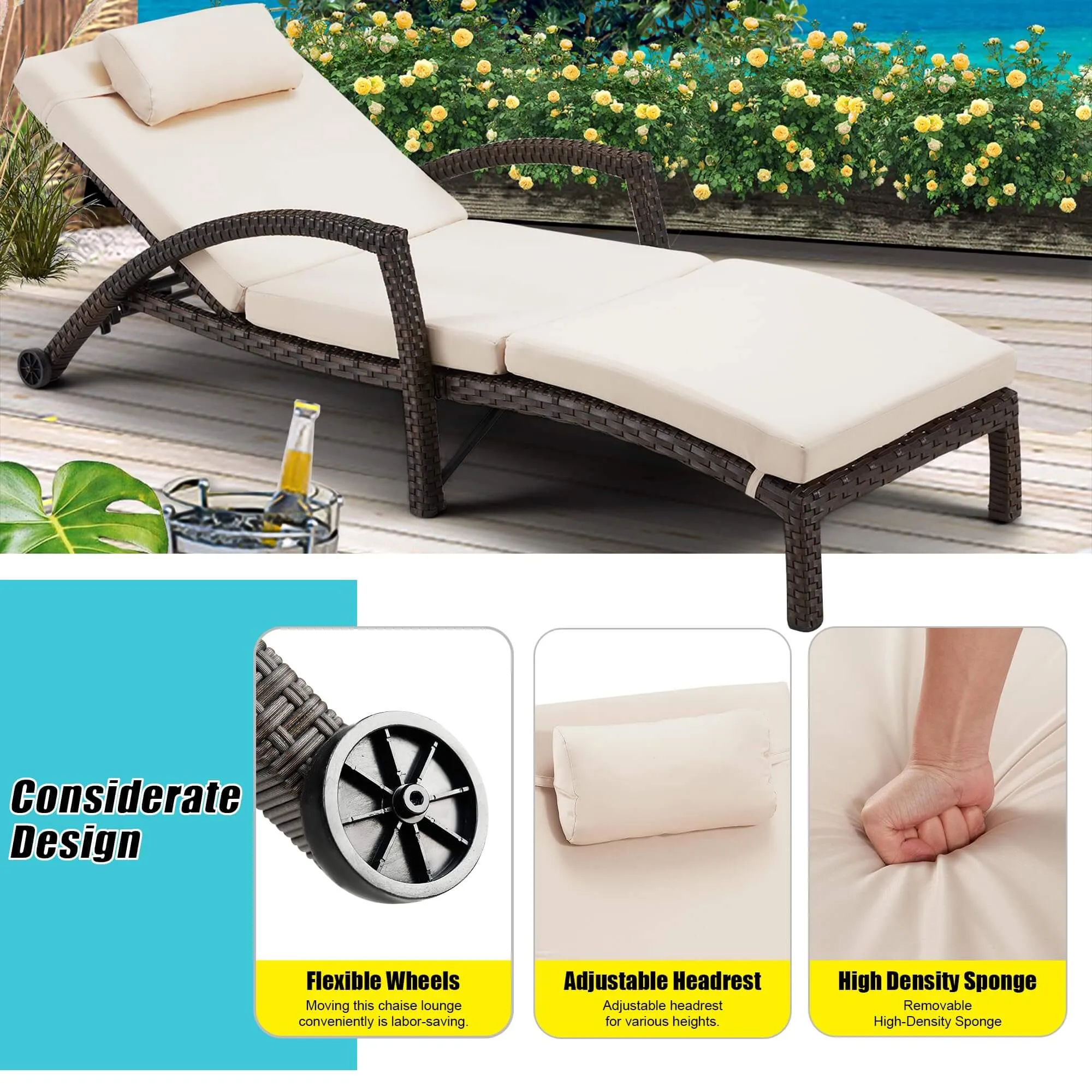 HOMREST Pool Lounge Chairs for Outside, Wicker Pool Chaise Lounge Chairs with Wheels & Headpillow for Deck Poolside