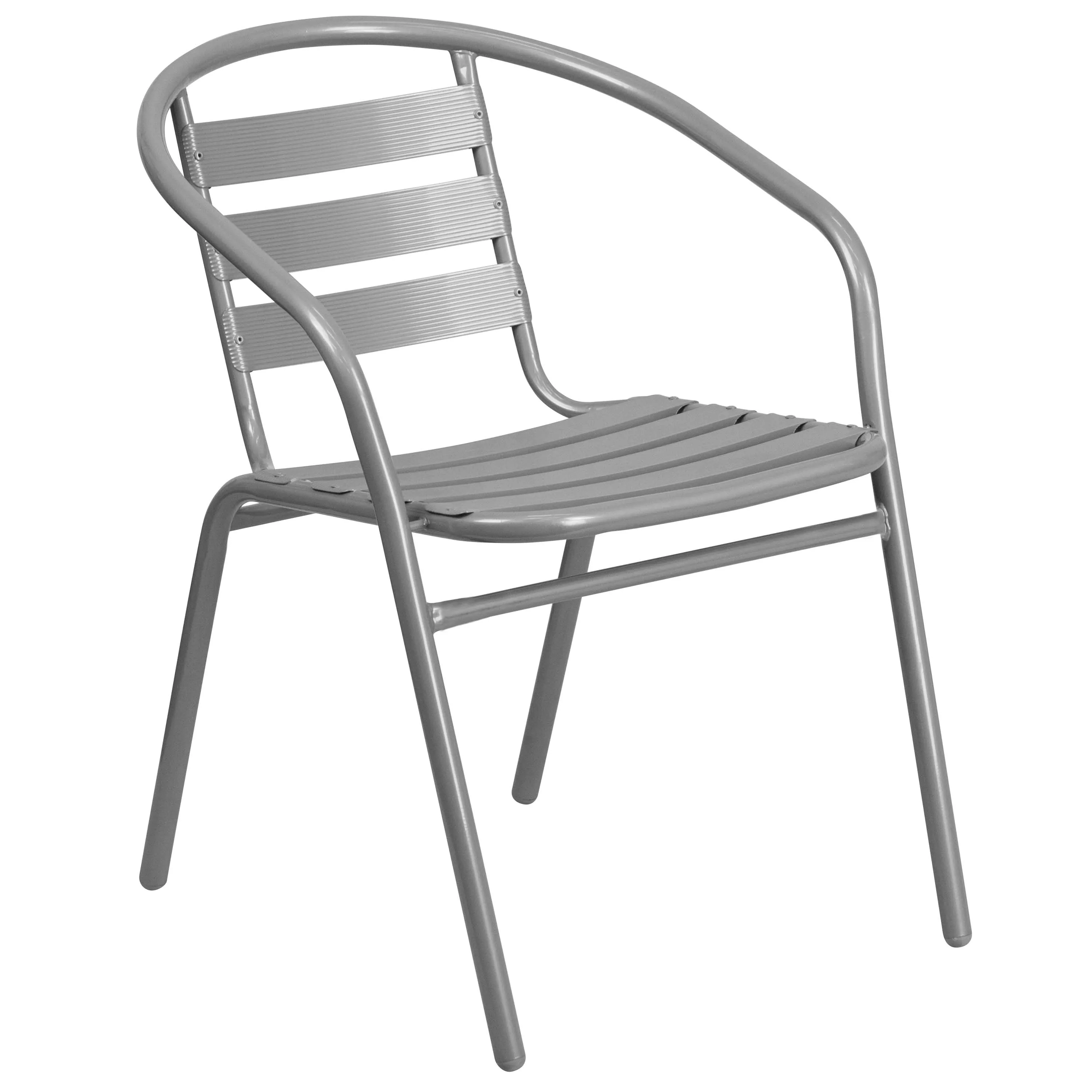 Lila 31.5'' Round Glass Metal Table with 4 Metal Aluminum Slat Stack Chairs