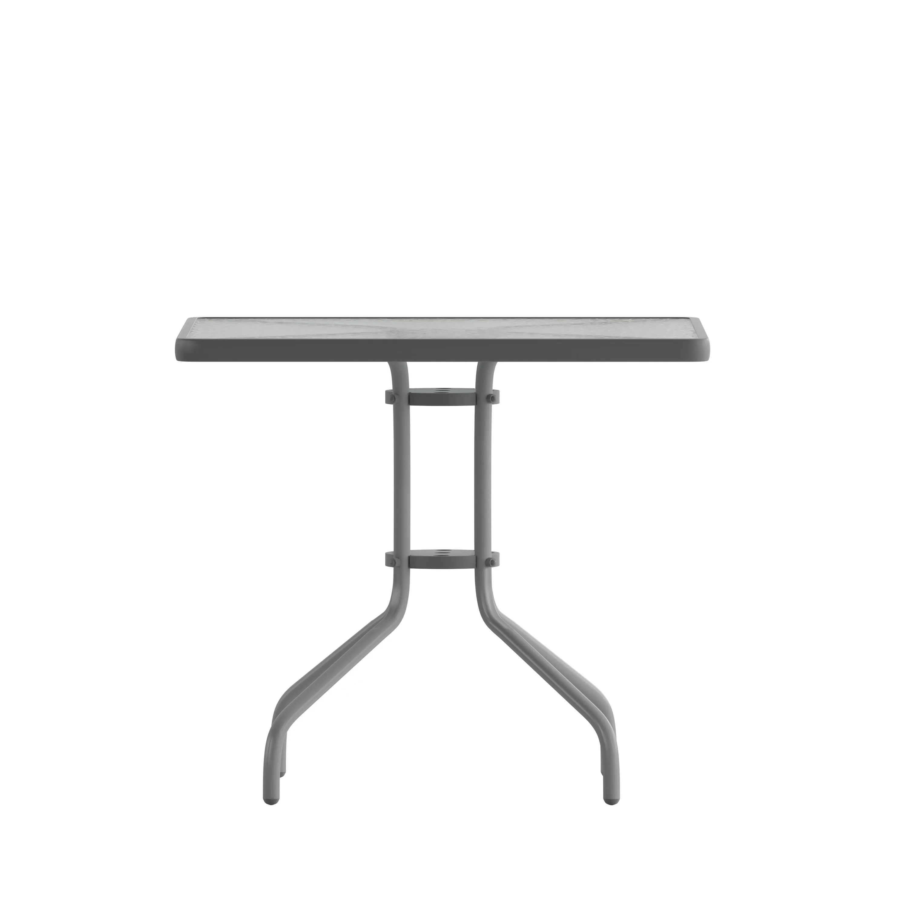 Lila 31.5'' Square Glass Metal Table with 4 Metal Aluminum Slat Stack Chairs