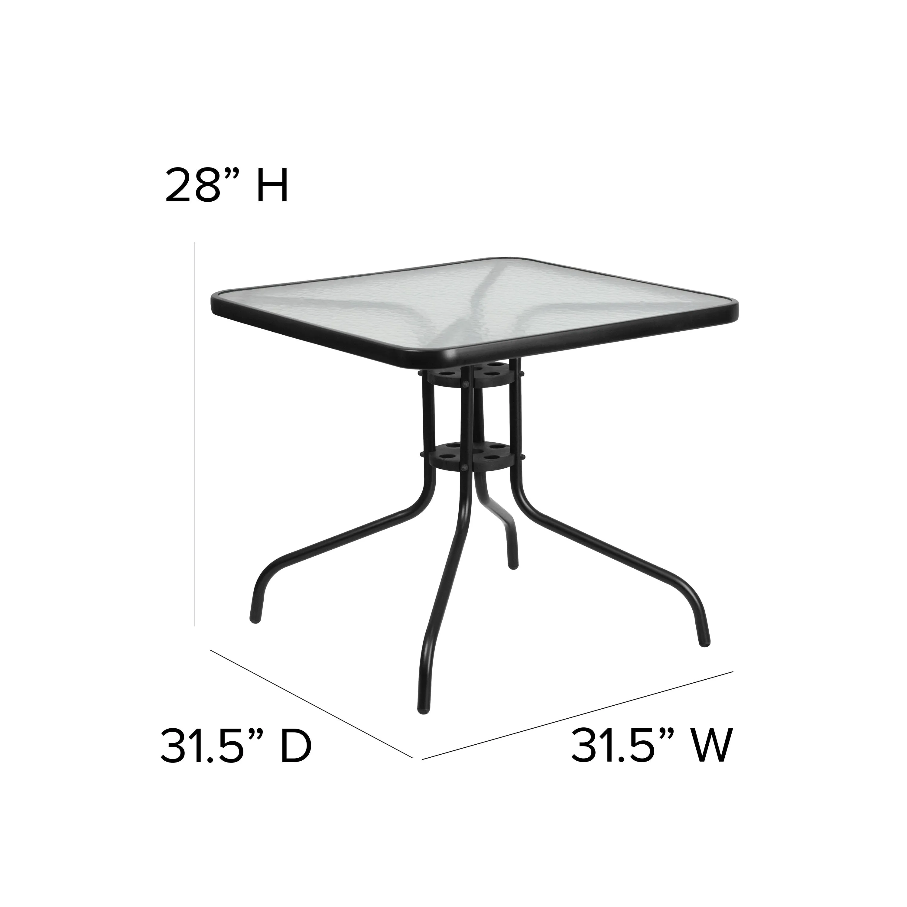Lila 31.5'' Square Glass Metal Table with 4 Metal Aluminum Slat Stack Chairs