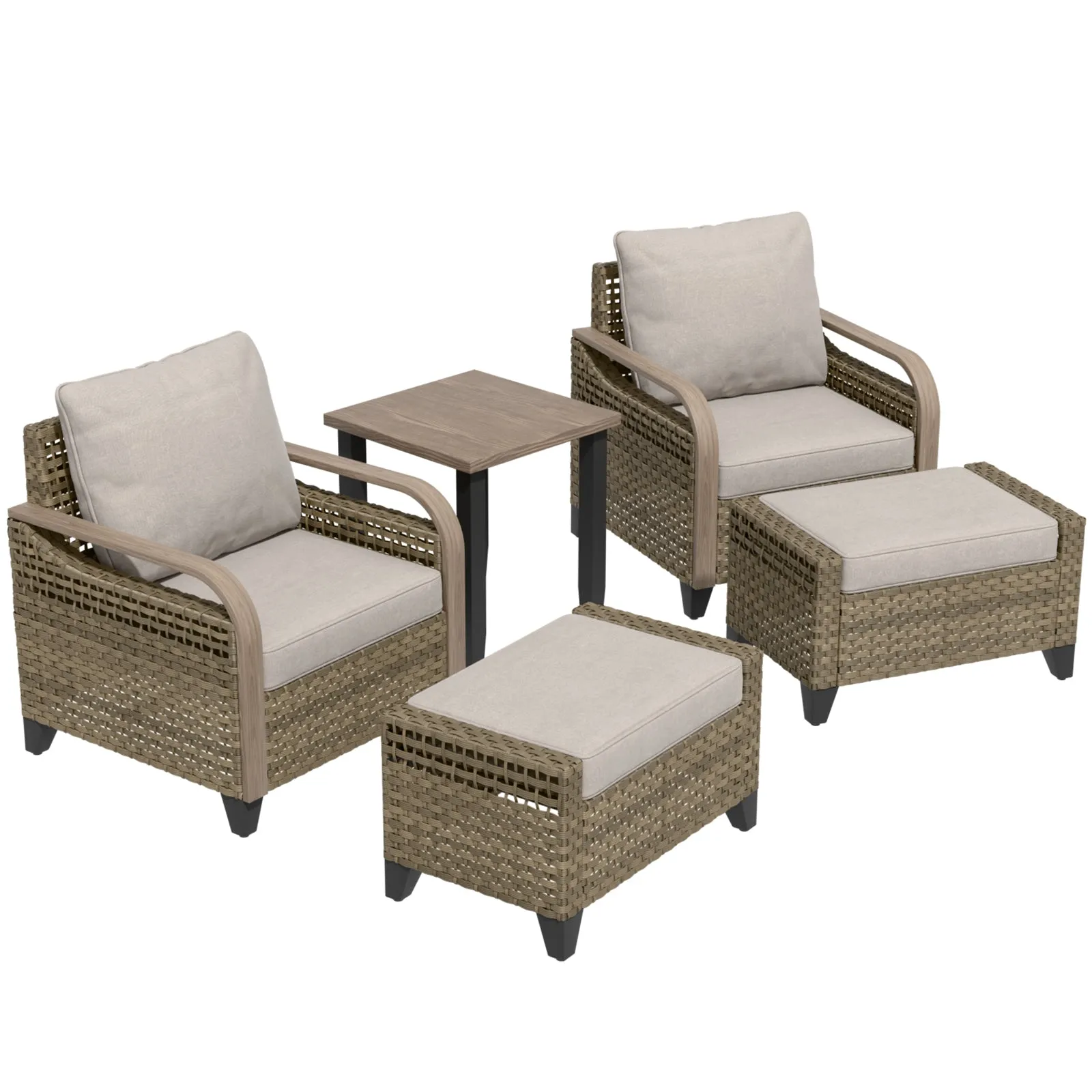 Modern Wicker 5 Piece Furniture Set w/ Patio Chairs, Brown/Gray