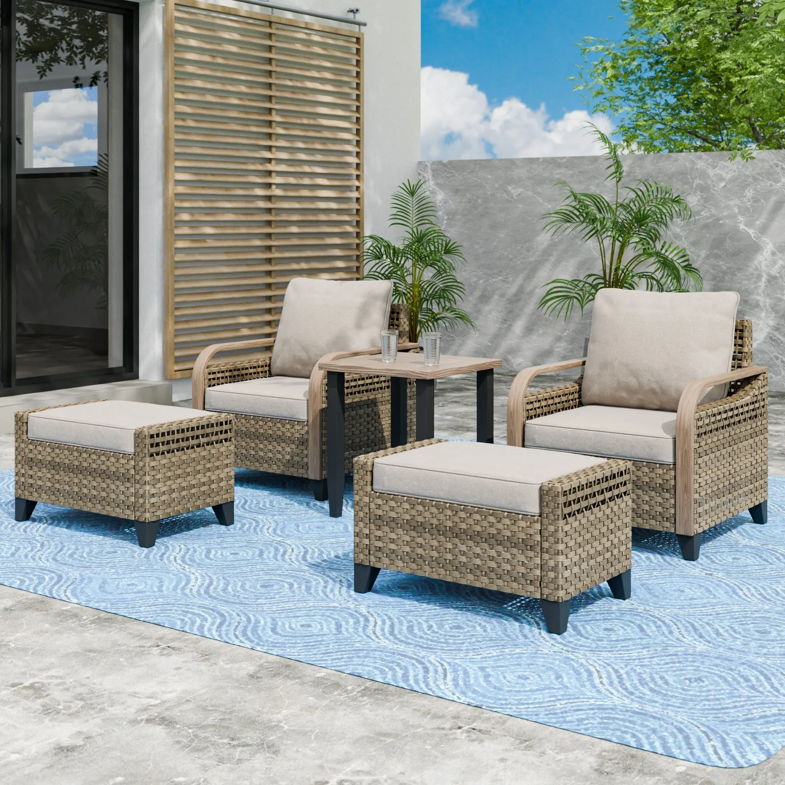 Modern Wicker 5 Piece Furniture Set w/ Patio Chairs, Brown/Gray