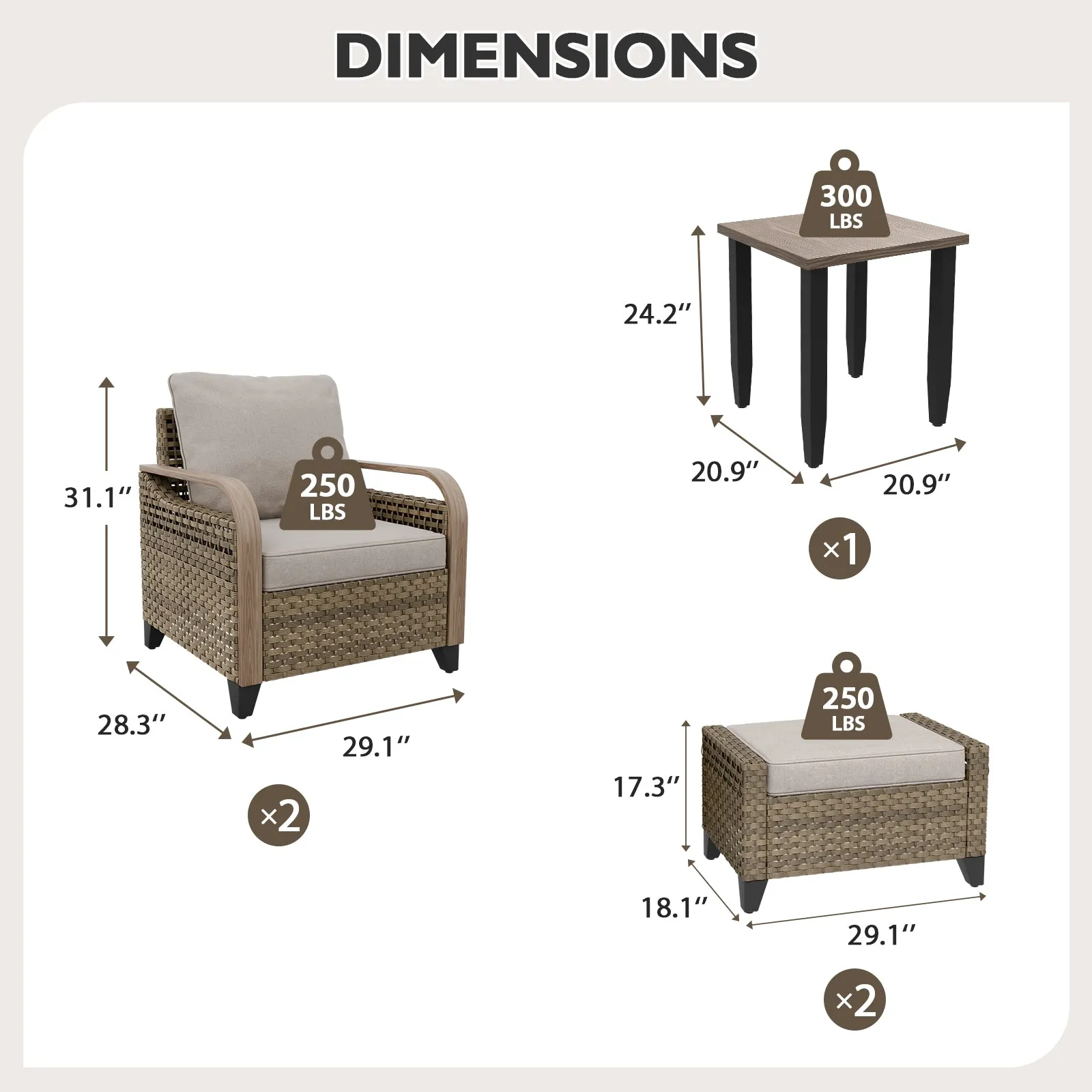 Modern Wicker 5 Piece Furniture Set w/ Patio Chairs, Brown/Gray